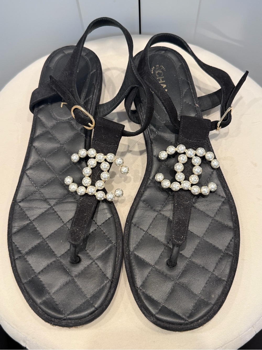 CHANEL Black Quilted Pearl CC Thong Sandals with Ankle Strap